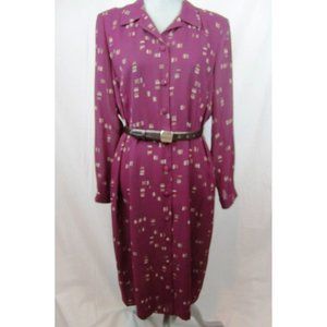 LESLIE FAY SHIRTDRESS PETITES BURGANDY MAROON GRAPHIC Lined Crepe BUTTON DOWN 1